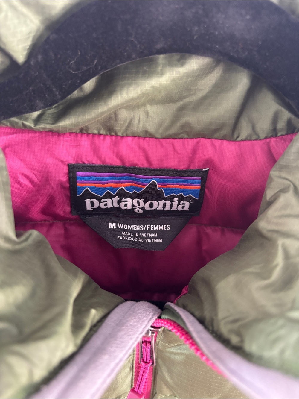 Patagonia Olive Green Down Vest with Pink Zippers - Picture 2 of 3